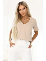 665-3 Dámska bavlnená blúzka s krátkym rukávom a výstrihom do V - béžová