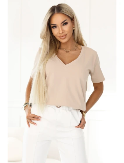 665-3 Dámska bavlnená blúzka s krátkym rukávom a výstrihom do V - béžová