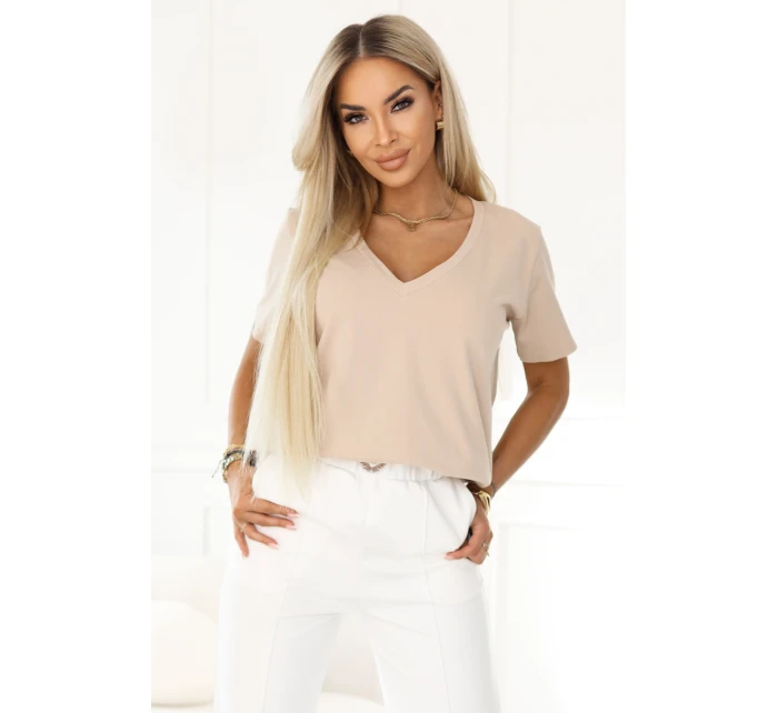 665-3 Dámska bavlnená blúzka s krátkym rukávom a výstrihom do V - béžová