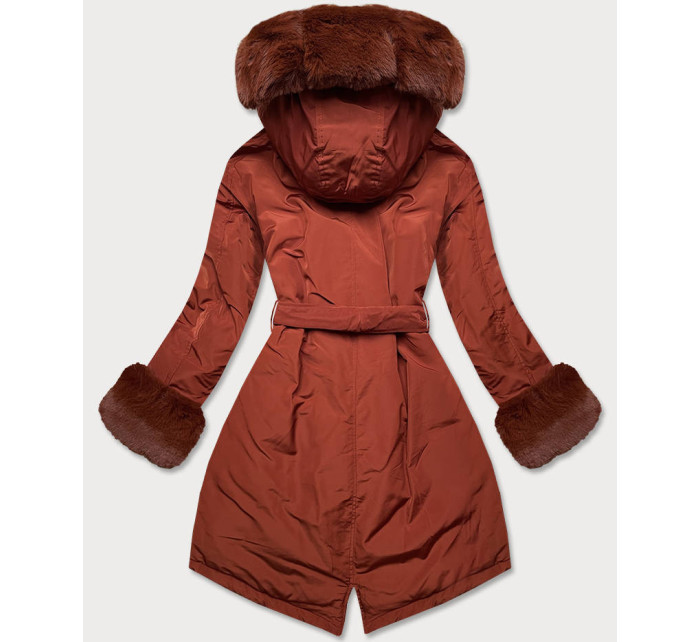 Dámska zimná bunda v tehlovej farbe s opaskom (F7039-5)