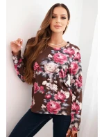 Dámska viskózna blúzka s kvetmi a dlhými rukávmi čokoládová