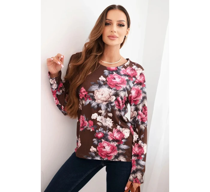 Dámska viskózna blúzka s kvetmi a dlhými rukávmi čokoládová