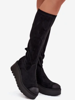 Dámske čižmy nad kolená na platforme a klinoch Vinceza - čierne