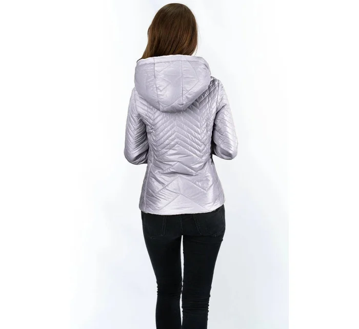 Krátka šedá prešívaná dámska bunda s kapucňou (B9566)