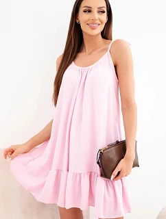 Dámske viskózové šaty bez ramienok s volánom a viazacím pásom candy pink