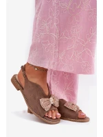 Sandały Damskie Z Kokardą Na Płaskim Obcasie S.Barski KV51-014 Ciemnobeżowe