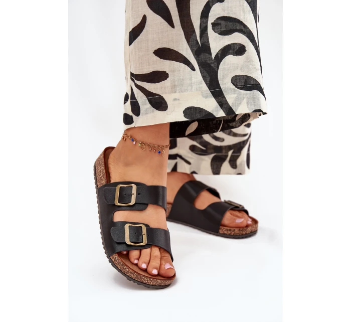 Dámske papuče na korkovej platforme s prackami - čierne