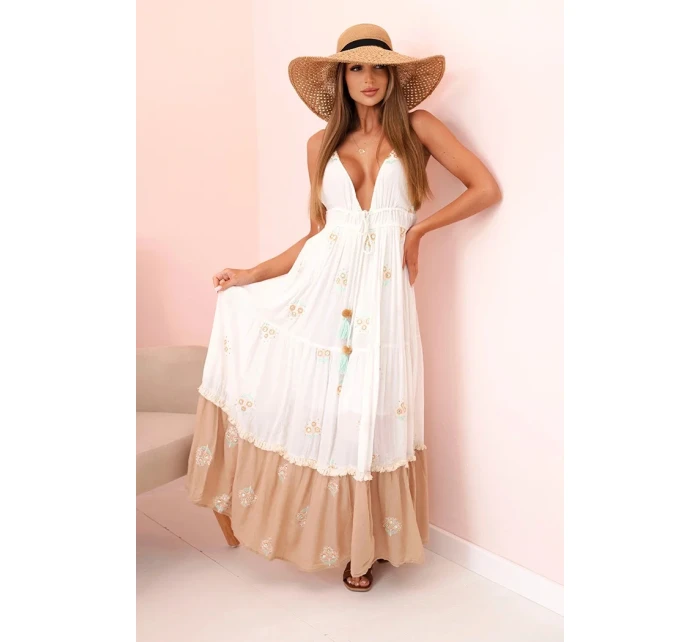 Dámske viskózové šaty s výšivkou a rozšíreným lemom ecru