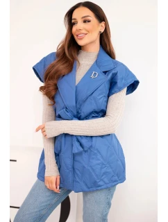 Dámská prošívaná vesta s páskem a širokým límcem chabrová