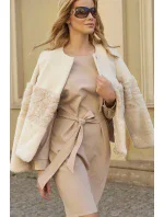 Dámské elegantní šaty s páskem středně dlouhé béžové - Béžová - Makadamia