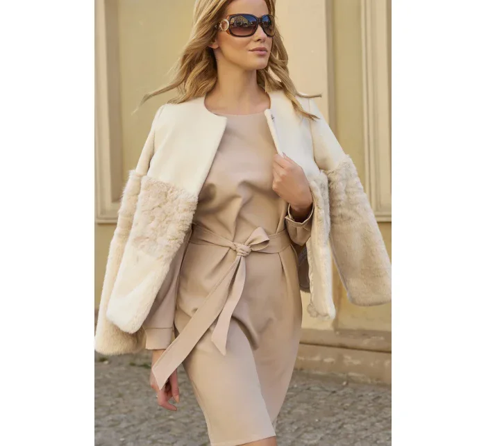 Dámské elegantní šaty s páskem středně dlouhé béžové - Béžová - Makadamia