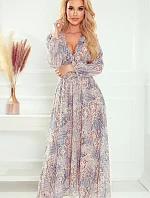 Dámske šifónové béžovo-svetlo modré midi šaty so vzorom "boho" 378-2