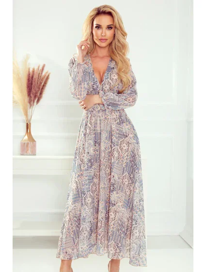 Dámské šifonové modré midi šaty se vzorem model 17434098 - numoco Dámské šifonové modré midi šaty se vzorem model 17434098 - numoco