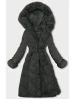 Dámská zimní bunda v army barvě s páskem model 21246690 - J.STYLE