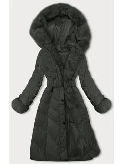 Dámská zimní bunda v army barvě s páskem model 21246690 - J.STYLE