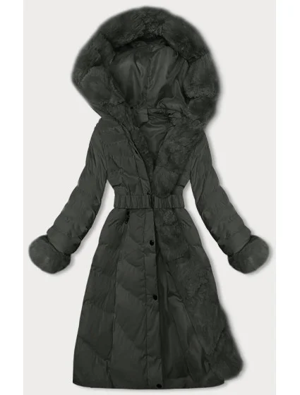 Dámská zimní bunda v army barvě s páskem model 21246690 - J.STYLE