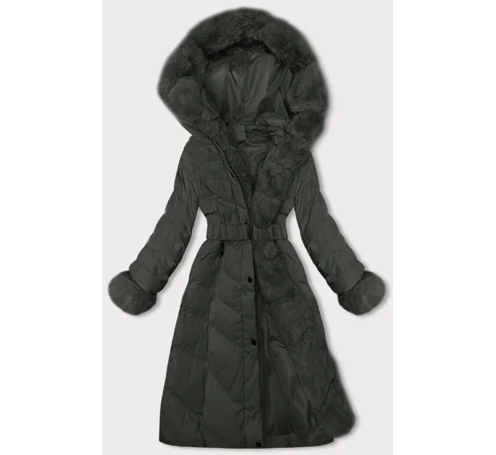 Dámská zimní bunda v army barvě s páskem model 21246690 - J.STYLE