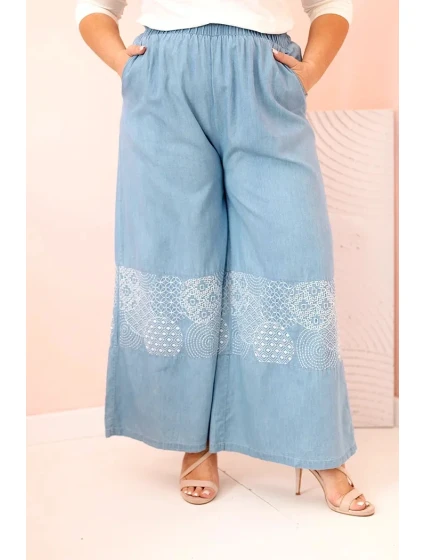 Plus veľkosť dámske široké nohavice s etnickou výšivkou svetlo denim