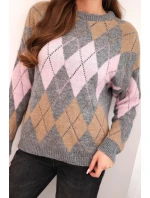 Dámský svetr s model 21774797 vzorem a kulatým výstřihem šedý - K-Fashion