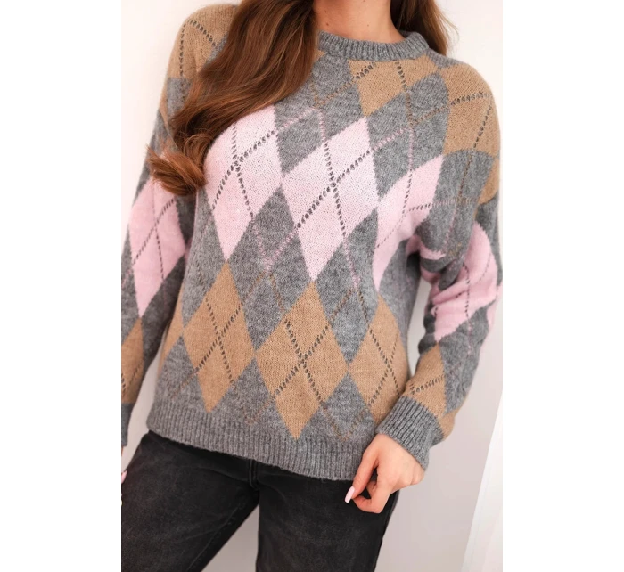 Dámský svetr s model 21774797 vzorem a kulatým výstřihem šedý - K-Fashion