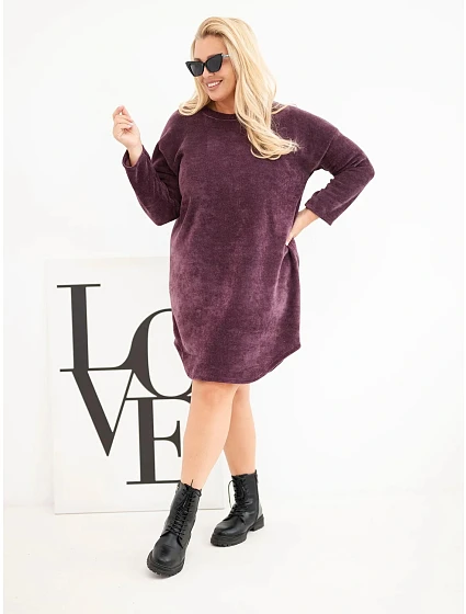 Dámské šaty Plus Size manšestrové s volným střihem fialová tmavá