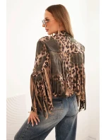 Dámská semišová bunda s leopardím vzorem a třásněmi khaki