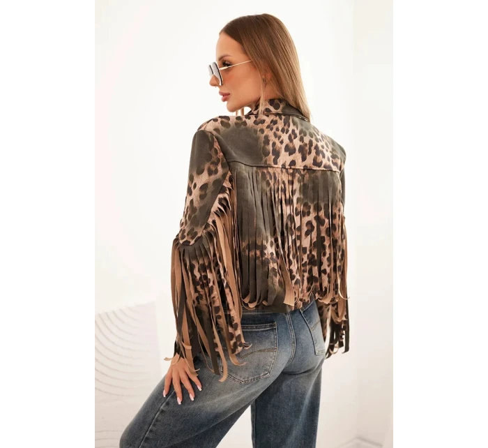 Dámská semišová bunda s leopardím vzorem a třásněmi khaki