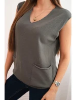 Dámský viskózový svetr bez rukávů s kapsami a výstřihem do V khaki