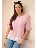 Dámský svetr s krátkým rukávem a krajkou tmavě pudrově růžový