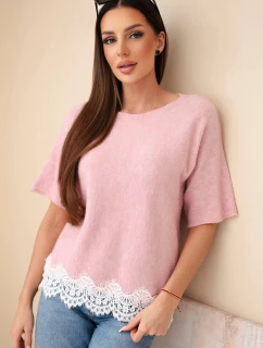 Dámsky sveter s krátkym rukávom a čipkou tmavo púdrovo ružový