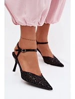 Dámské síťované sandály na podpatku s lesklým zdobením Černé Laria