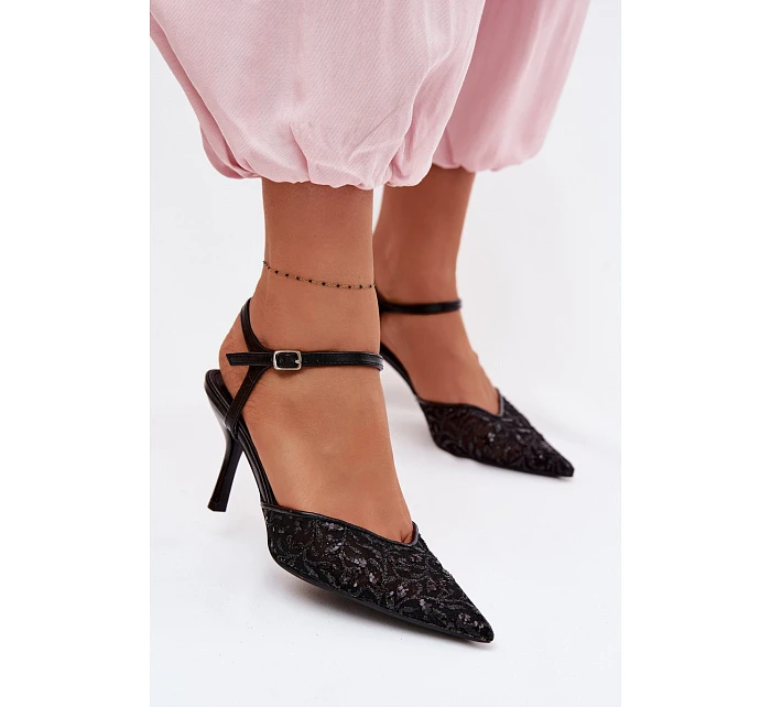 Dámské síťované sandály na podpatku s lesklým zdobením Černé Laria