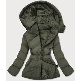 Prešívaná bunda v khaki farbe s opaskom pre prechodné obdobie (23060-2)