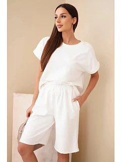 Dámský bavlněný komplet triko s krátkým rukávem a šortky s gumou v pase ecru
