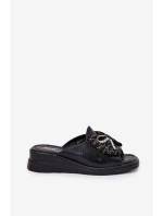 Klapki Damskie Na Koturnie Z Kokardą Czarne Moonzella Klapki Damskie Na Koturnie Z Kokardą Czarne Moonzella
