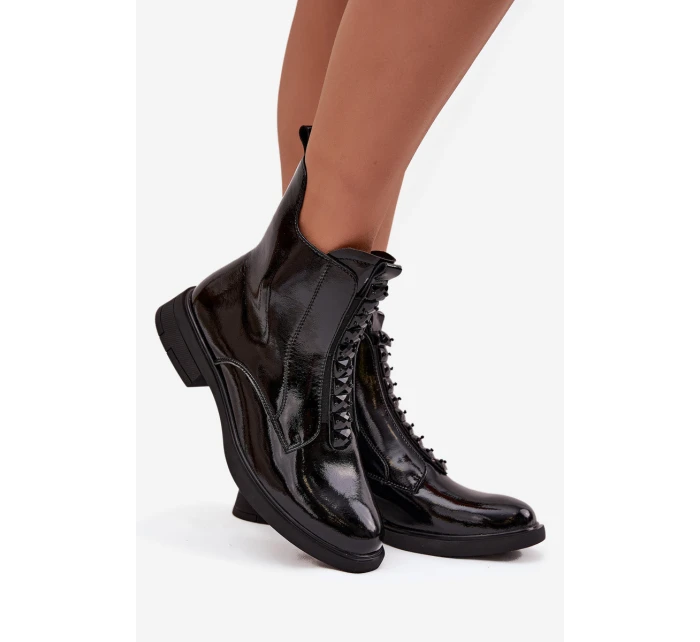 Lakované dámské kozačky z přírodní kůže model 21713802 Černé - D&A