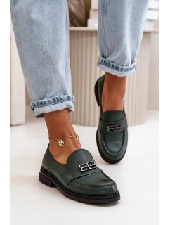 Zazoo 20174 Skórzane Eleganckie Półbuty Damskie Na Płaskim Obcasie Ciemnozielone