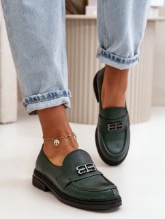 model 21669269 Kožené Elegantní Polobotky Dámské Na Plochém Podpatku Tmavě Zelené - Zazoo