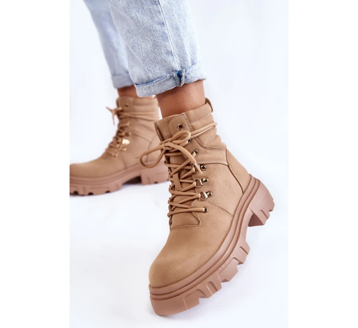 Kožené teplé šněrovací boty Béžové model 21603028 - EVENTO Kožené teplé šněrovací boty Béžové model 21603028 - EVENTO