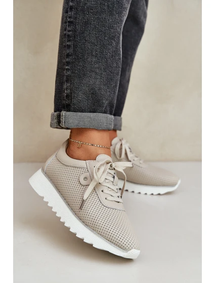 Skórzane Buty Sportowe Na Platformie Z Brokatem D&A LR51-629 Beżowe