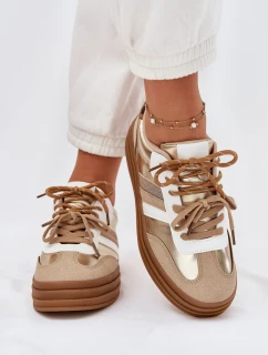 Sneakersy Damskie Na Platformie Z Podwójnym Sznurowaniem Panterka Złote Niteria