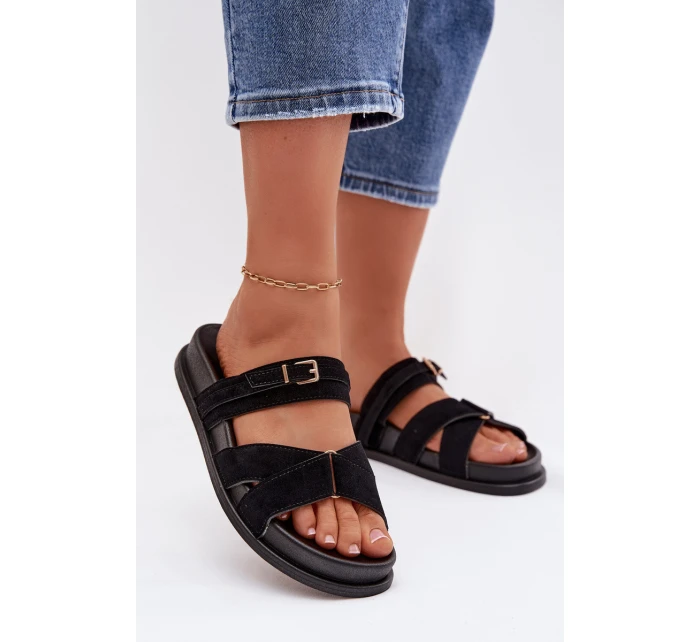 Dámské pantofle s pásky a zlatým přezkou Černé model 21954646 - Boto Dámské pantofle s pásky a zlatým přezkou Černé model 21954646 - Boto