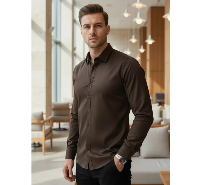Pánská elegantní hladká tmavě hnědá košile SLIM FIT Dstreet model 21995754 - FashionStreet