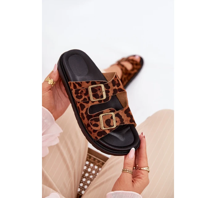Klapki Damskie W Panterkę Na Platformie Z Klamrami Brązowe Simbes