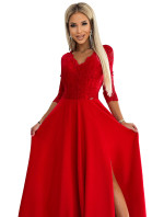 AMBER - Elegantné červené dlhé dámske krajkové šaty s výstrihom a rázporkom na nohe 309-8