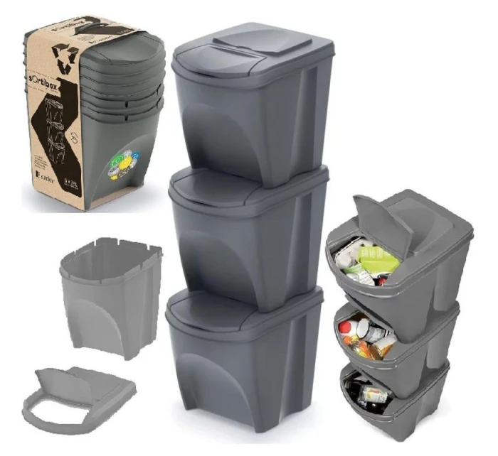 Odpadkové koše 25 l SORTIBOX SET 3 PACK OF GRAY STONE detské