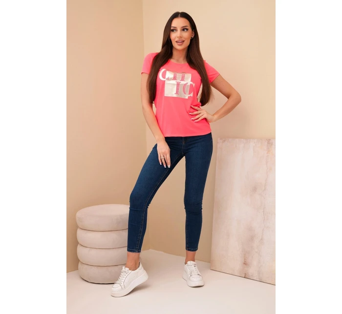 Dámske bavlnené tričko s potlačou CHIC pink neon Dámske bavlnené tričko s potlačou CHIC pink neon
