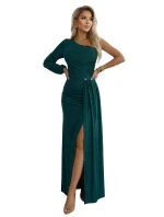 658-2 Trblietavé maxi šaty na jedno rameno s asymetrickými rukávmi a rozparkom - fľaškovo zelené