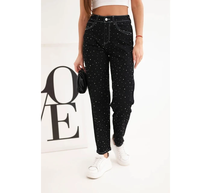 Dámske džínsy s vysokým pásom a ozdobami čierne Dámske džínsy s vysokým pásom a ozdobami čierne