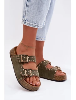 Dámské pantofle se zlatými sponami a knoflíky tmavě zelené model 21960981 - Boto